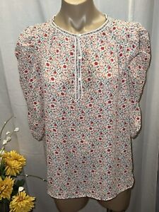 Max Studio Blouse Ivory Red Floral 3/4 Sleeve Button Scoop Neck Top Size L NWT