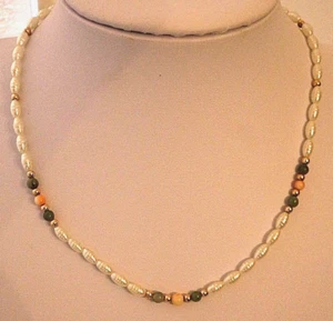VINTAGE WHITE BIWA PEARL , JADE, CORAL BEAD NECKLACE - Picture 1 of 4