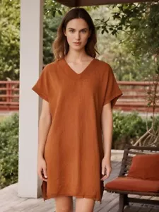 Archana Jaju Dress AUS 12 US8 Mini Brown Terracota Linen Smocked Bow Tie Neck - Bild 1 von 5