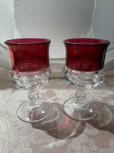 Set of 2 Vtg Tiffin Ruby Red Stained Glass King's Crown Thumbprint Goblet - Picture 1 of 10
