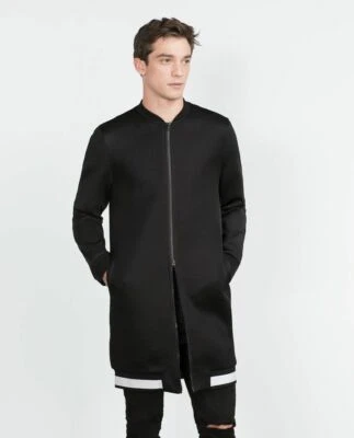 ZARA man Long bomber jacket trench coat Medium baseball jacket black white men - Image 1 of 4