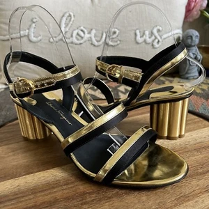 Salvatore Ferragamo Torino schwarz Satin/gold Leder Blume Blockabsatz Sandalen 9B - Bild 1 von 14