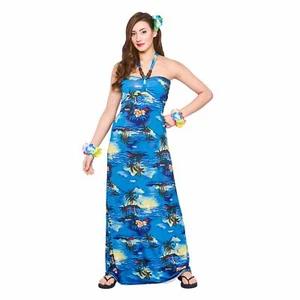 Ladies Maxi Blue Palm Dress Hawaiian Luau Fancy Dress Up Party Costume Outfit - Picture 1 of 1