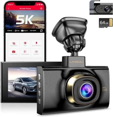LINGDU 5K 2CH Dash Cam 5GWiFi GPS 4K+2K Front and Rear Camera APP Parking Mode G-sensor