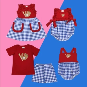 Sibling Sister Brother Embroidery Baseball Set Dress Romper - Picture 1 of 10