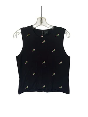 Etoile Black Christmas Vest Sweater  Embroidered Candy Canes med - Image 1 of 4