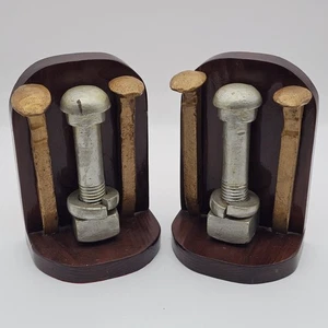 Vintage Railroad Bookends Spike & Bolt - Industrial Metal & Wood - 8" Tall - Picture 1 of 5