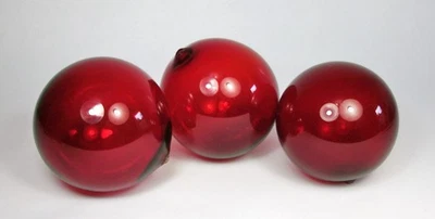 LOTE de 3 flotadores de pesca de vidrio rojo soplado a mano de colección 3,5" bolas de boya orbes Foto 1 de 4