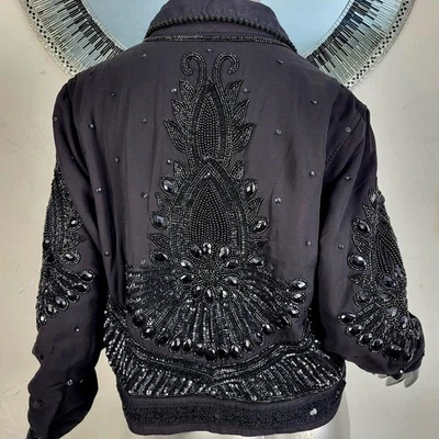 NWT~$300~TALISMAN~SZ L~BLACK BEADED SEQUIN EMBELLISHED DENIM JEAN JACKET COAT - Image 1 of 4