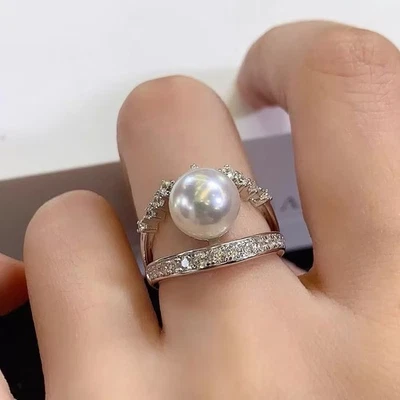 Anillo clásico 9-10mm mar sur redondo perlas blancas 925s(T) Foto 1 de 3