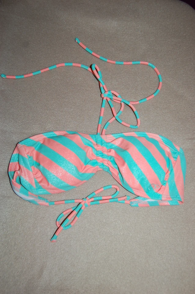 JR Womens BIKINI TOP Diag. Stripe AQUA MINT PEACH SPARKLES Ocean Pacific S 3-5 - Image 1 of 1