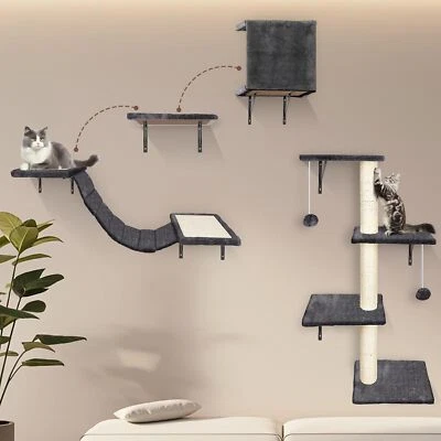 Kletterwand Für Katzen, 4-in-1 Wandmöbel Set Mit Haus Brücke Baum & Treppe, Grau