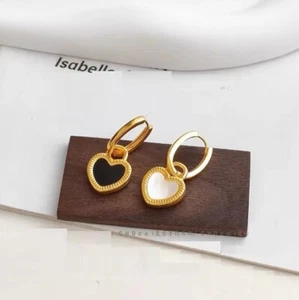 Gold Titanium Love Heart Double-Side White Pearl/Black Onyx Dangle Drop Earrings - Picture 1 of 4