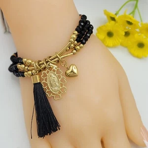 Gold Plated Virgen Guadalupe Black Crystal Beads Elastic Bracelet - Set of 3 - Picture 1 of 5