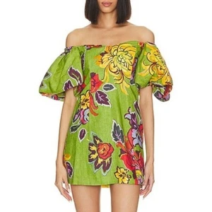 Rhode Linen Dali Dress Green Lanai Floral Off Shoulder Puff Sleeve Size 8 - Picture 1 of 5