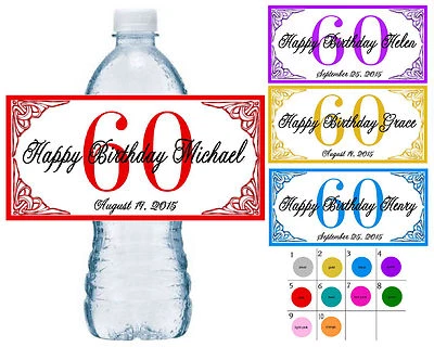ETIQUETAS DE BOTELLAS DE AGUA 50 ~ 60 CUMPLEAÑOS FIESTA ~ tinta impermeable ~ colores surtidos Foto 1 de 2