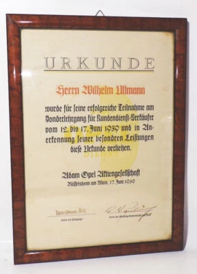 Opel Urkunde 1939 Sonderlehrgang Kundendienst Verkäufer Rüsselsheim  - Bild 1 von 4