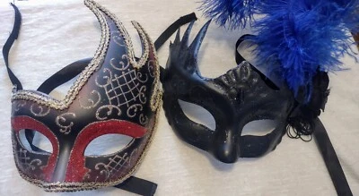 Lot of 2 Venetian Masquerade Masks Venezia Black Blue Target Red Gold Wearable - Image 1 of 4