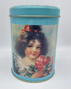 Sweet Round Metal Tin W/Girl & Flowers 3.5” D x 5” T - Unmarked - Picture 1 of 4