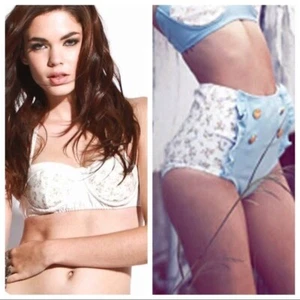 WILDFOX Sinatra Daisy High Waist Bandeau Denim Ivory Bikini Med Top Large Bottom - Picture 1 of 12