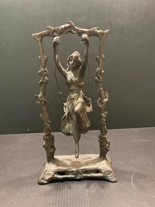 9.50" Antique Art Sculpture Nouveau 'Girl on a Swing' in Bronze - Picture 1 of 7