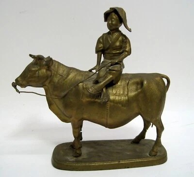 Antigua estatuilla estatua de buey/vaca y jinete de bronce asiático/chino Foto 1 de 4