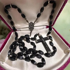 Vintage italienischer schwarzer Ebenholz Holz Perlen Jesus und sein Herz Rosenkranz - Bild 1 von 8