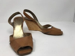 Authentische PRADA Slingback braune Leder Holz Keilabsatz Sandalen Größe 36-1/2 - Bild 1 von 10