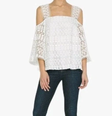 全新带标签 Shoshanna S 码女式白色几何刺绣钩针波西米亚节日上衣 — 第 1/4 张图片