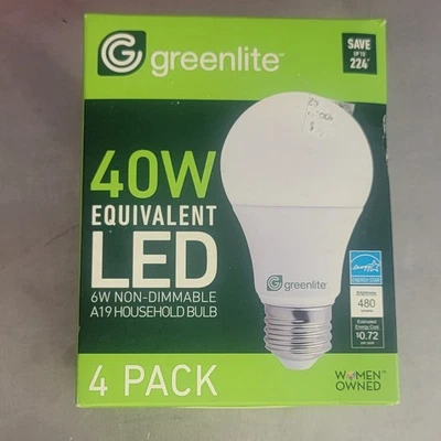 4 LED Light Bulbs GREENLITE 6W LED 40W Equivalent Non-Dimmable A19 Bright White - Image 1 of 4