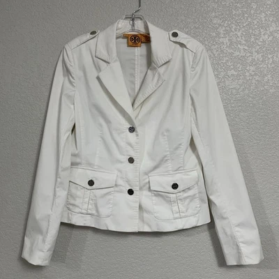 Tory Burch Blazer Jacket Women 8 Cotton Flap Pockets Silver Logo Buttons White - Image 1 of 4