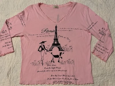 VTG Cactus Paris Print Ruffled Trim 100% Cotton Top Pink Women’s XL - Image 1 of 4