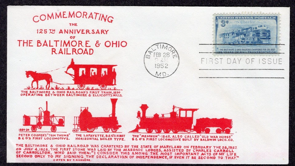 1952 B&O Railroad 125th (1006) - RED First Raguere Cachet FDC TE39 - Image 1 of 1