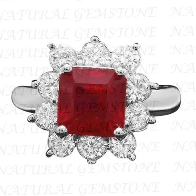 5.50Crt Asscher Cut Natural Ruby and Diamond Wedding Ring 18K White Gold Plated - Image 1 of 4