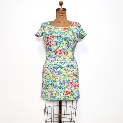 Vintage 90s Jonathan Martin Floral Short Sleeve Cotton Mini Dress Size 7 Small - Image 1 of 4