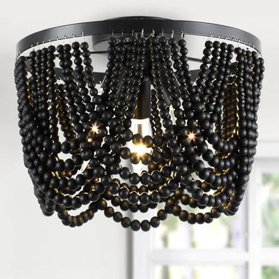 Black Boho Chandelier,Wood Beaded Chandelier Light Fixture, 12.6 inch Bohemia... - Image 1 of 4