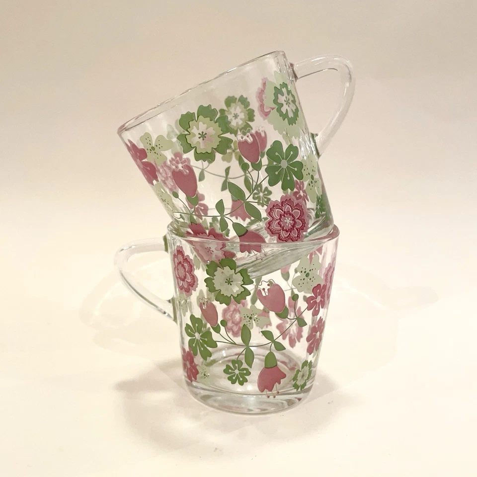 Pair Of IKEA Glass Pink & Green Floral Coffee Mugs Retro Made In France Exc Con - image 1 of 4