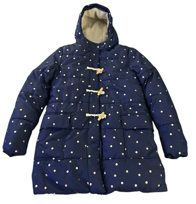 Mini Boden Longline Puffer Coat 13/14 Sherpa Line Toggles Zip Blue Gold Dot Hood - Image 1 of 4