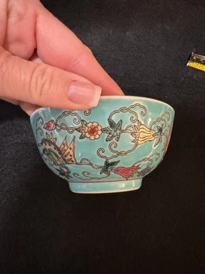 Китайская антикварная бирюзово-зеленая чаша Jingdezhen с ручной росписью цветок и птица - Изображение 1 из 4