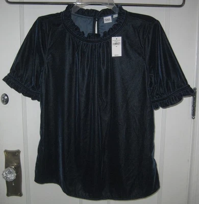 NOVO Top Gap Prussiano de Veludo Azul XS Manga Curta Novo com etiquetas Festa de Natal - Imagem 1 de 4