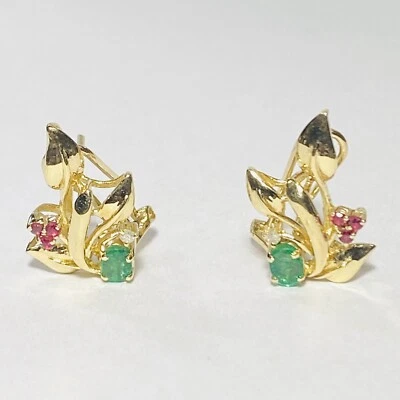 Pendientes Omega Traseros Hoja Flor Diamante Rubí Esmeralda Oro Amarillo 14K 4,2 g Foto 1 de 4