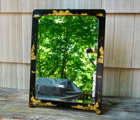 George II Japanese Lacquer Wall or Standing Dual Purpose Mirror with Gilt Work Cover