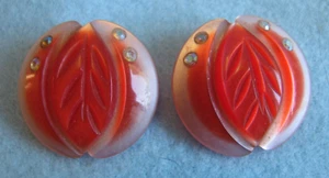 Vintage Plastic Retro Coral Leaf & Rhinestone Clip-On Earrings Mid Century - Picture 1 of 5