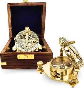 Brass Sundial Compass Nautical Sun-Clock Compass with Wooden box Working Compass - Picture 1 of 7