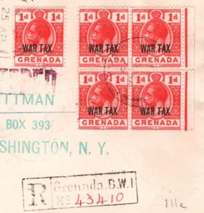 GRENADA KGV Cover 1d *WAR TAX* Block{4} BWI Registered 1919 USA {samwells}MA2016 - Picture 1 of 12