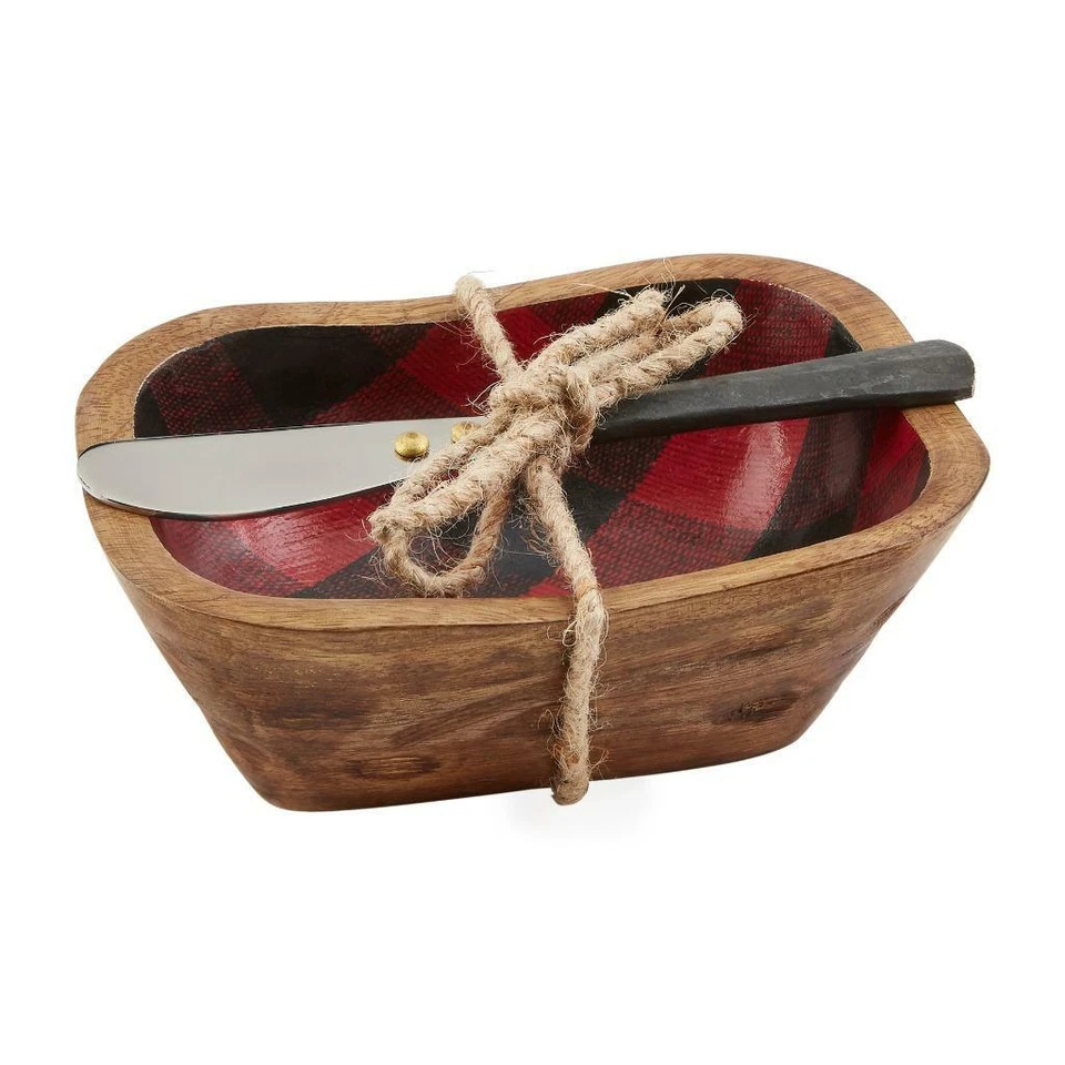 Tazón para servir madera y esmalte a cuadros de búfalo rojo negro Foto 1 de 1