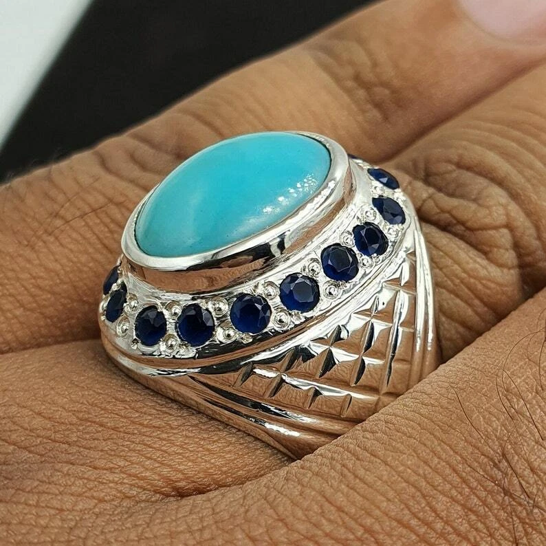 Anillo Turquesa Natural Para Hombre con Zafiros Hecho a Mano Anillos Hombre Talla 9 Piedra Real Foto 1 de 4