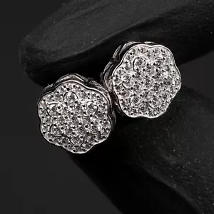 White Gold Sterling Silver Iced Cz Flower Cluster Men's Hip Hop Stud Earrings - Picture 1 of 5