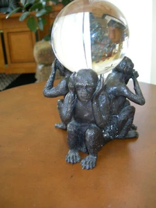 Hear, Speak, See No Evil Trio of Dark Bronze Sitting Monkeys With Crystal Ball - Picture 1 of 6