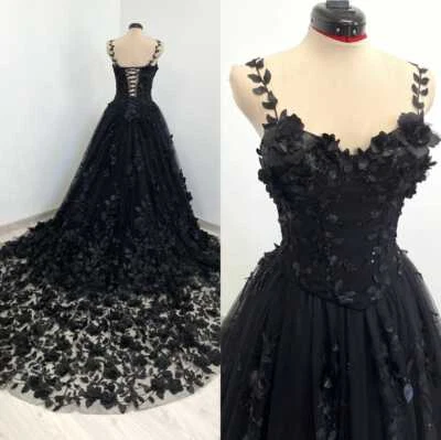 Black Gothic Sparkly Wedding Dresses 3D Floral Lace Corset Long Train BridalGown - Image 1 of 4